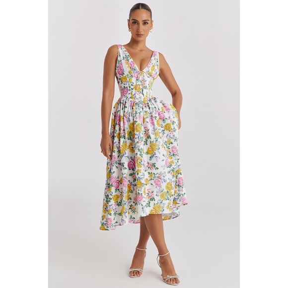 NEW House of CB Emmelina White Vintage Rose Print Dress XS - Picture 5 of 17